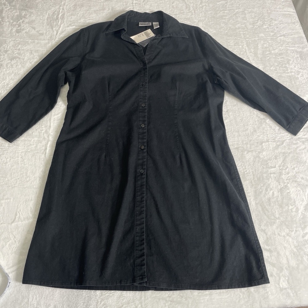 NWT Chico's Linen Blend Black Knee Length Dress Button Down Collared Size 2‎ L